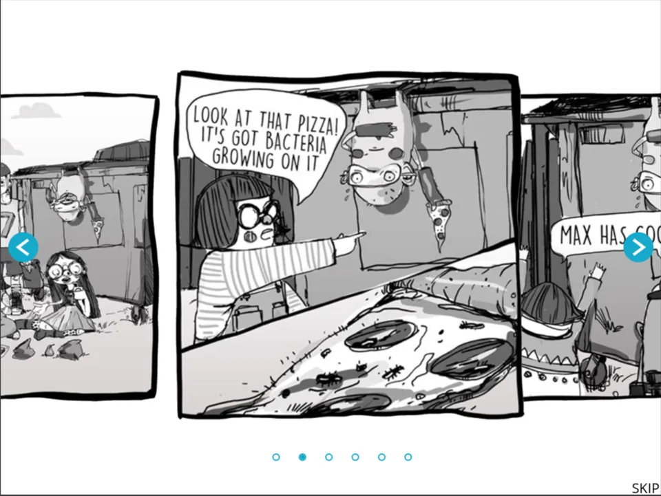 Cartoon comic strip showing children outside a shed. A girl points at a slice of pizza with bacteria on it while a boy in glasses hangs upside down. Speech bubbles read, "Look at that pizza! It’s got bacteria growing on it."