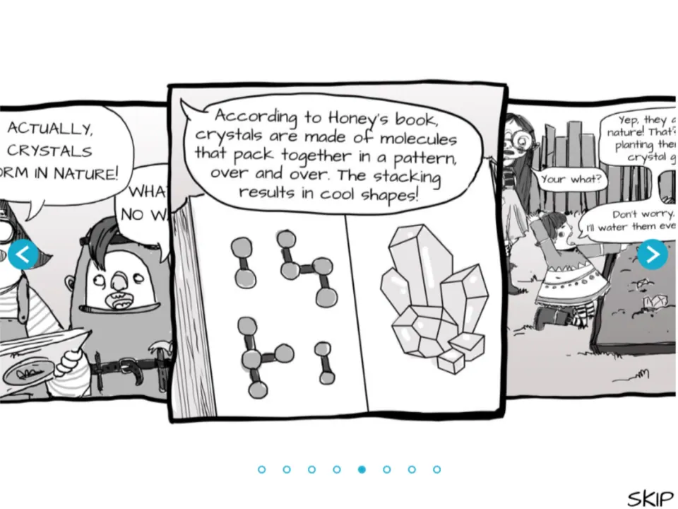 Comic panel showing a discussion about crystals, with characters talking about how crystals form in nature. There's an illustration of a molecular pattern representing crystal structure, and a drawing of a cluster of crystals. One character reads about crystals, while another tends to a garden.