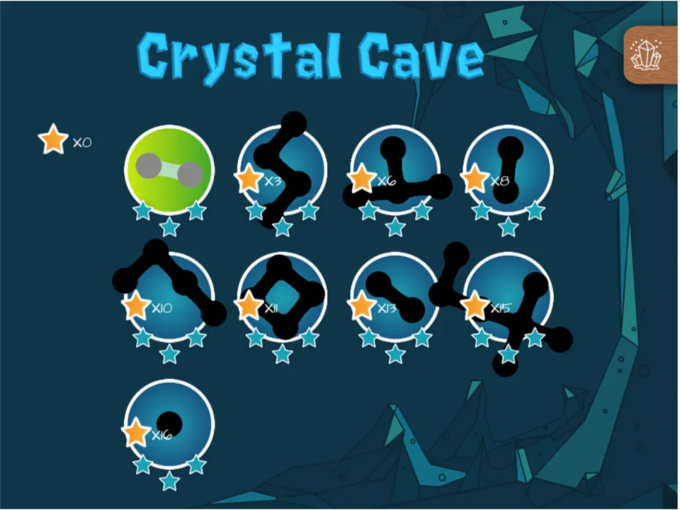 "Crystal Cave" game level selection screen with circular icons, each labeled with an "X" and number denoting different levels. Some circles have connected black shapes and star ratings. Decorative crystal graphics appear around the screen.