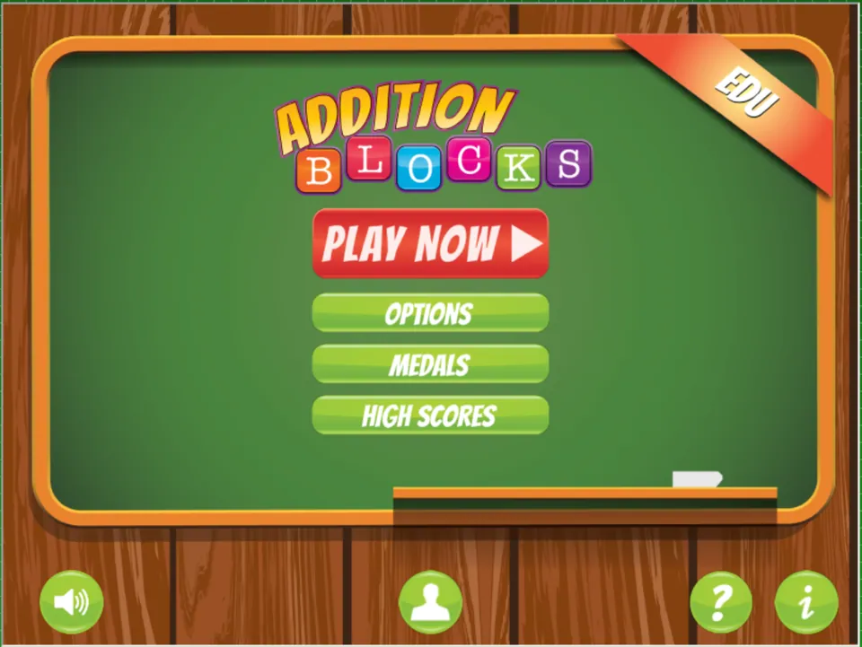 Game menu screen for "Addition Blocks EDU" with options for play, settings, medals, and high scores, featuring colorful text on a green chalkboard background with wooden frame.